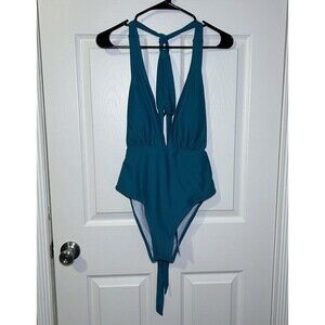 Cupshe One Piece Swimsuit Women's Medium Blue Plunge V Neck Tie Back Lined NWT